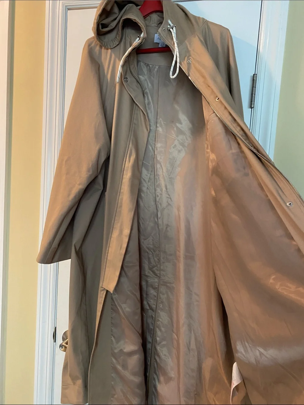 Aligne 98% Organic Cotton Long Hooded Double Zip Trench Coat NWOT